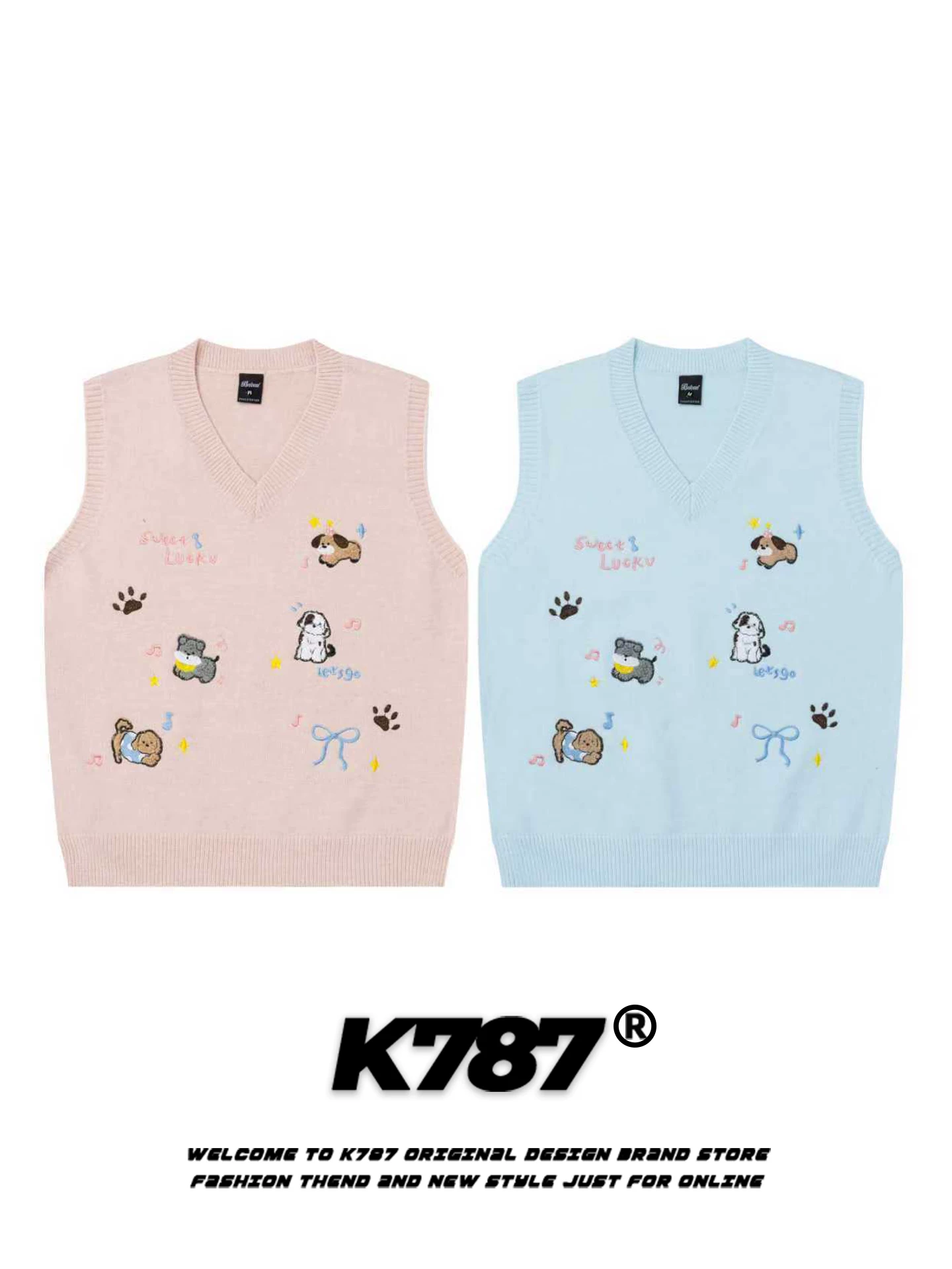 K787 Áo vest cổ chữ V thêu hình động vật hoạt hình phong cách ngọt ngào của Mỹ dành cho nam và nữ, áo len dệt kim dáng rộng phong cách đại học.