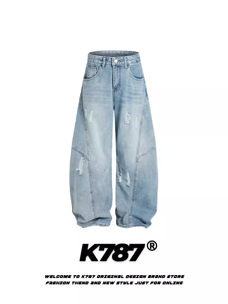 Quần jeans kiểu Mỹ cổ điển rách K787 dành cho nam và nữ, đã qua xử lý làm cũ và tạo hiệu ứng rách, dáng rộng thùng thình, ống rộng.