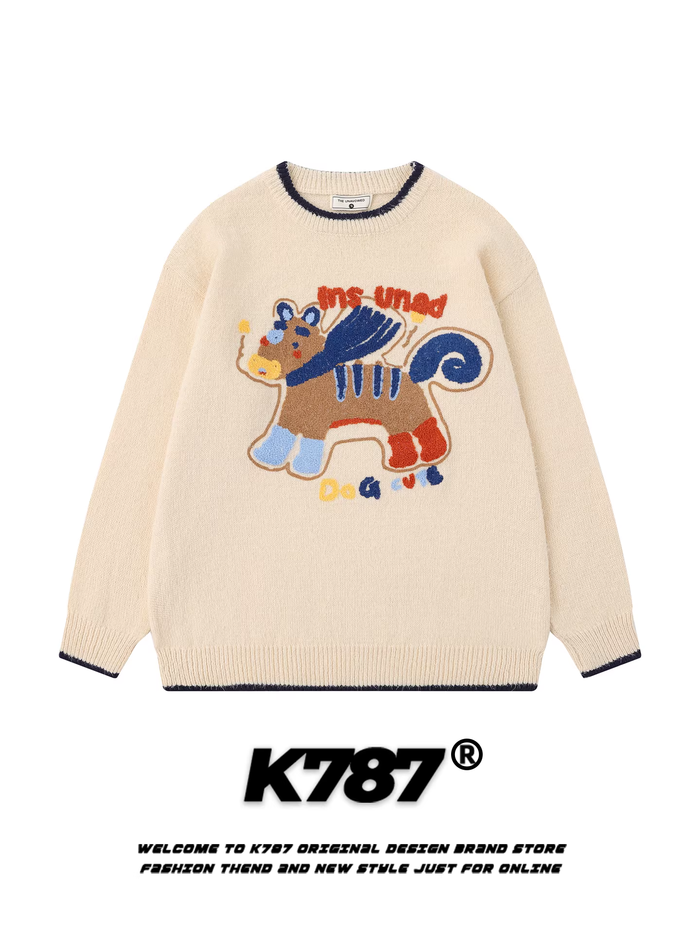 Áo len cổ tròn thêu hình ngựa hoạt hình cổ điển Mỹ K787 dành cho nam và nữ, dáng rộng và vui nhộn, phong cách lười biếng, đồ dệt kim dành cho cặp đôi