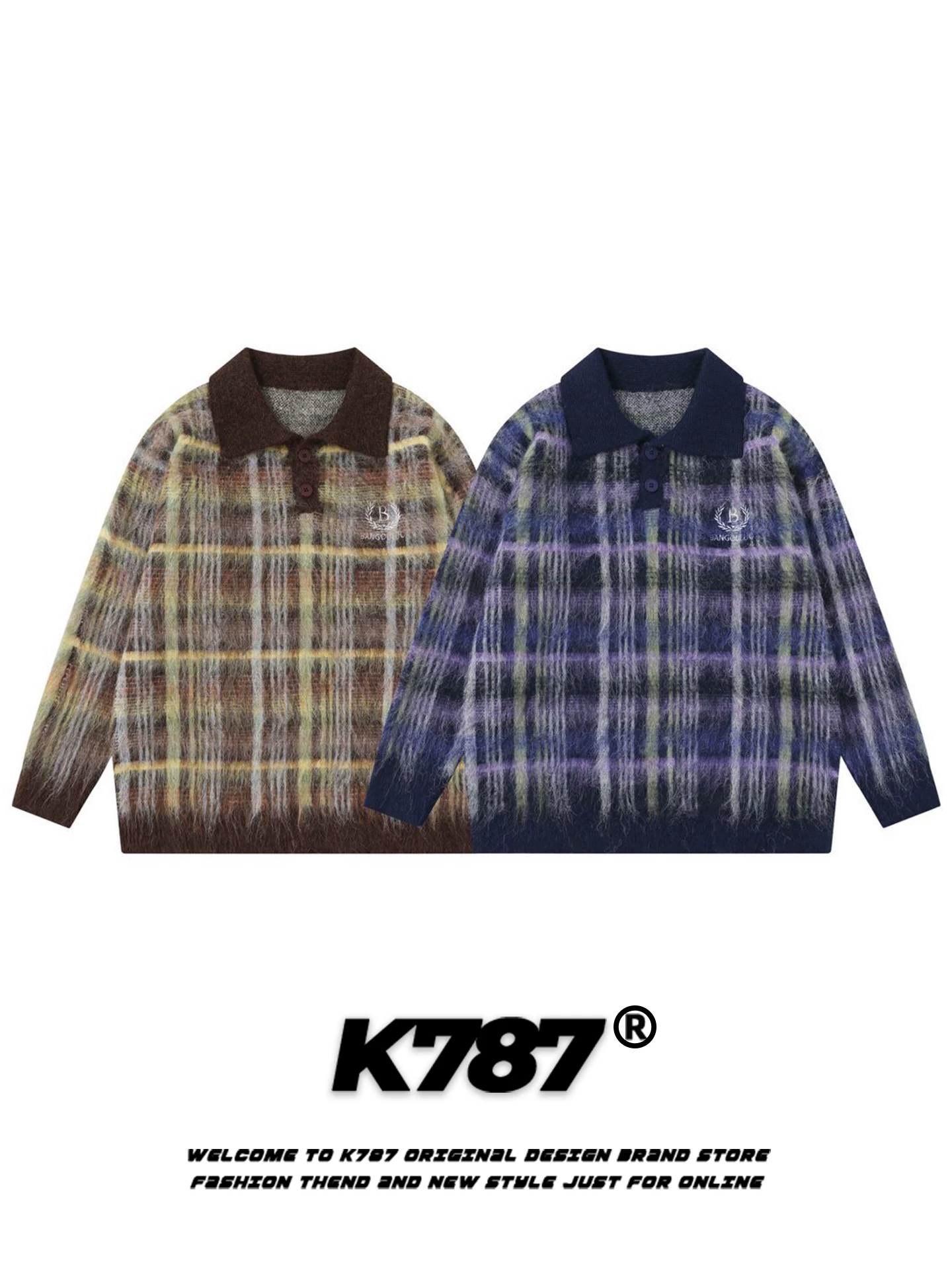 Áo len kẻ caro phối màu phong cách đường phố Mỹ K787, kiểu dáng unisex, rộng rãi, thoải mái, hợp thời trang, thương hiệu thời trang, dành cho cặp đôi.