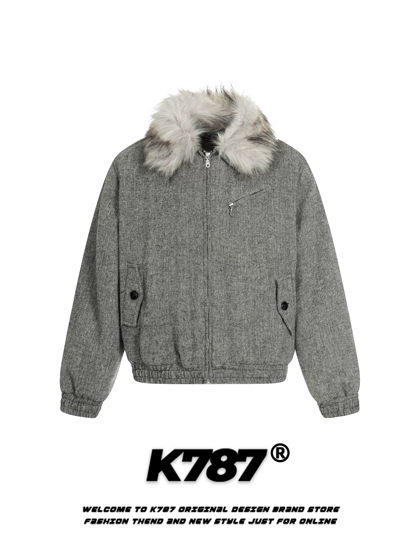Áo khoác cotton cổ lông cổ điển kiểu Mỹ K787 dành cho nam và nữ, áo khoác có khóa kéo ấm áp mùa thu đông dành cho cặp đôi