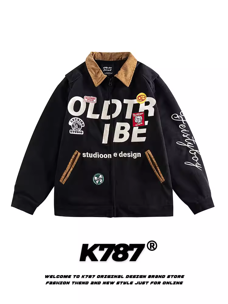 Áo khoác in họa tiết phong cách xe máy cổ điển Mỹ K787 dành cho nam và nữ, chất liệu canvas đã qua xử lý, kiểu dáng cặp đôi, mùa xuân 2025