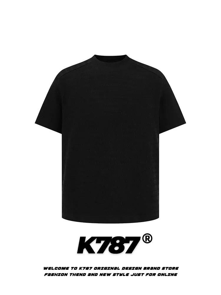 K787 Áo thun ngắn tay cleanfit họa tiết tối giản theo phong cách retro của Mỹ dành cho nam và nữ với áo trễ vai thường xuyên có họa tiết sọc jacquard rỗng