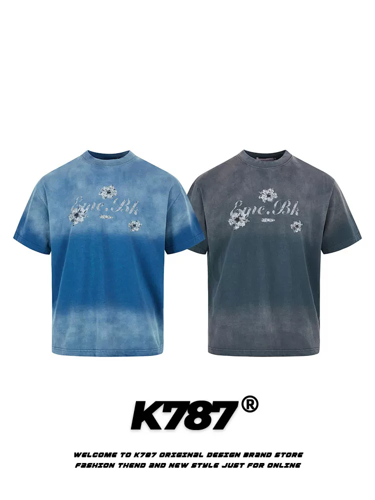K787 Áo thun ngắn tay phong cách Mỹ hợp thời trang, kiểu dáng lười biếng, màu gradient, dành cho nam và nữ, kiểu dáng regular, tay lửng, mùa hè