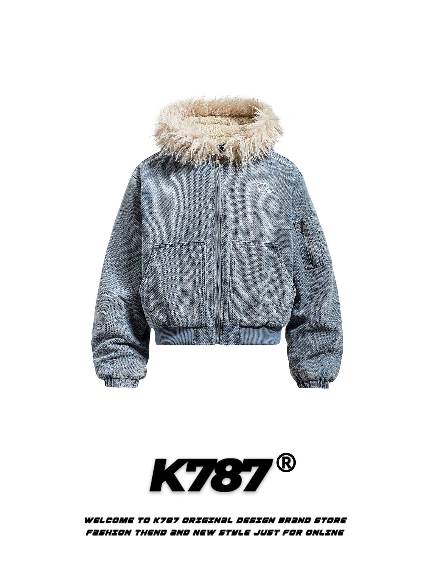 Áo khoác denim cotton có mũ trùm đầu, cổ lông thú, kiểu dáng thời trang Mỹ K787 dành cho nam và nữ, phong cách đường phố retro ấm áp, dày dặn, áo khoác đôi.