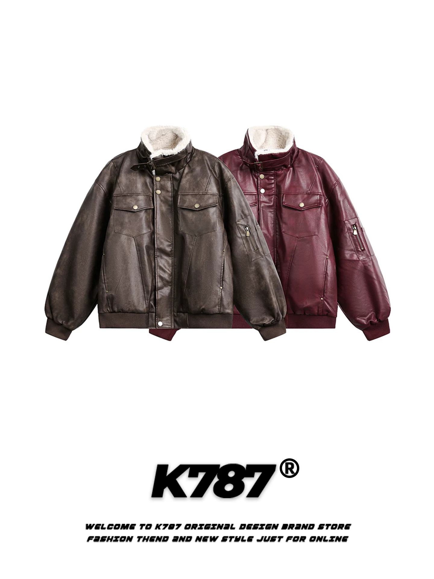 Áo khoác cotton unisex dáng rộng phong cách retro Mỹ K787 chất liệu da PU phối vải kiểu dáng cổ đứng, thiết kế độc đáo, ấm áp, thời trang, dành cho cặp đôi.