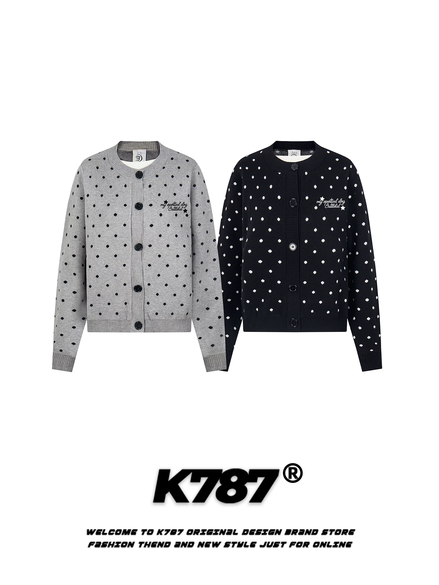 Áo cardigan len nữ kiểu Mỹ cổ tròn chấm bi giả hai lớp K787, có thêu, ấm áp và tôn dáng, kiểu dáng ngắn.