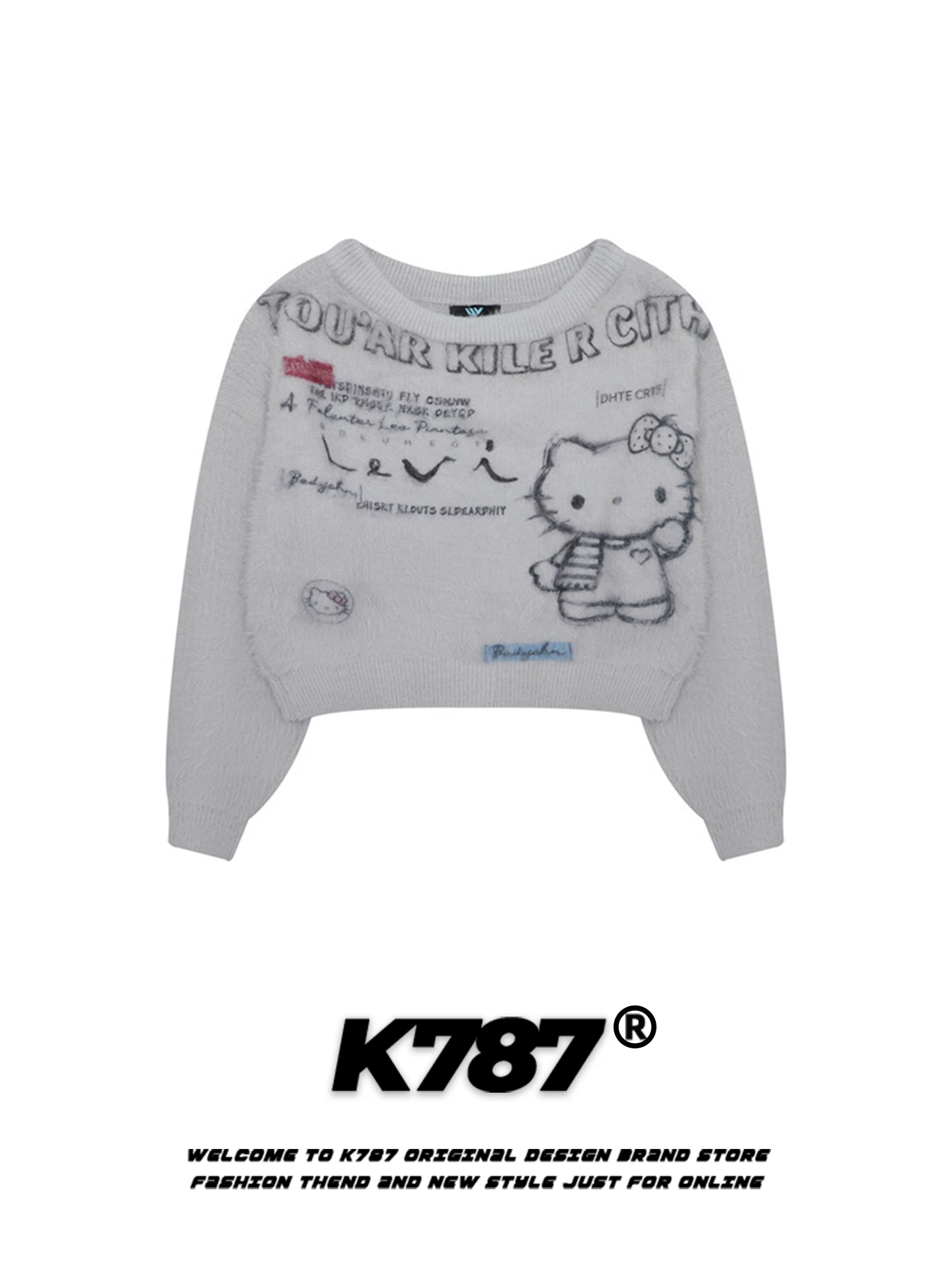 Áo len nữ kiểu Mỹ K787 họa tiết mèo Kitty hoạt hình, dáng rộng, phong cách thời trang, kiểu dáng ôm dáng, áo len ngắn