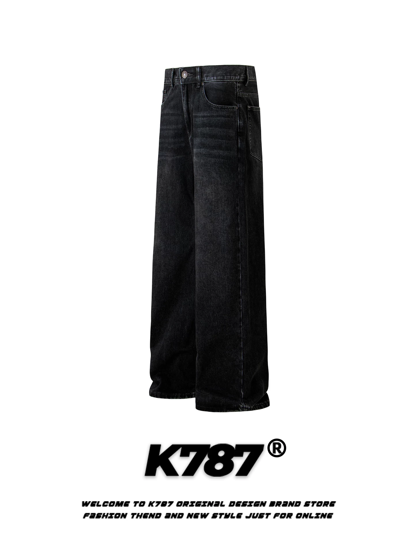 Quần jeans K787 kiểu Mỹ cổ điển, xước, dành cho nam và nữ, cạp cao, dáng rộng, phong cách đường phố, quần ống rộng dài chấm đất