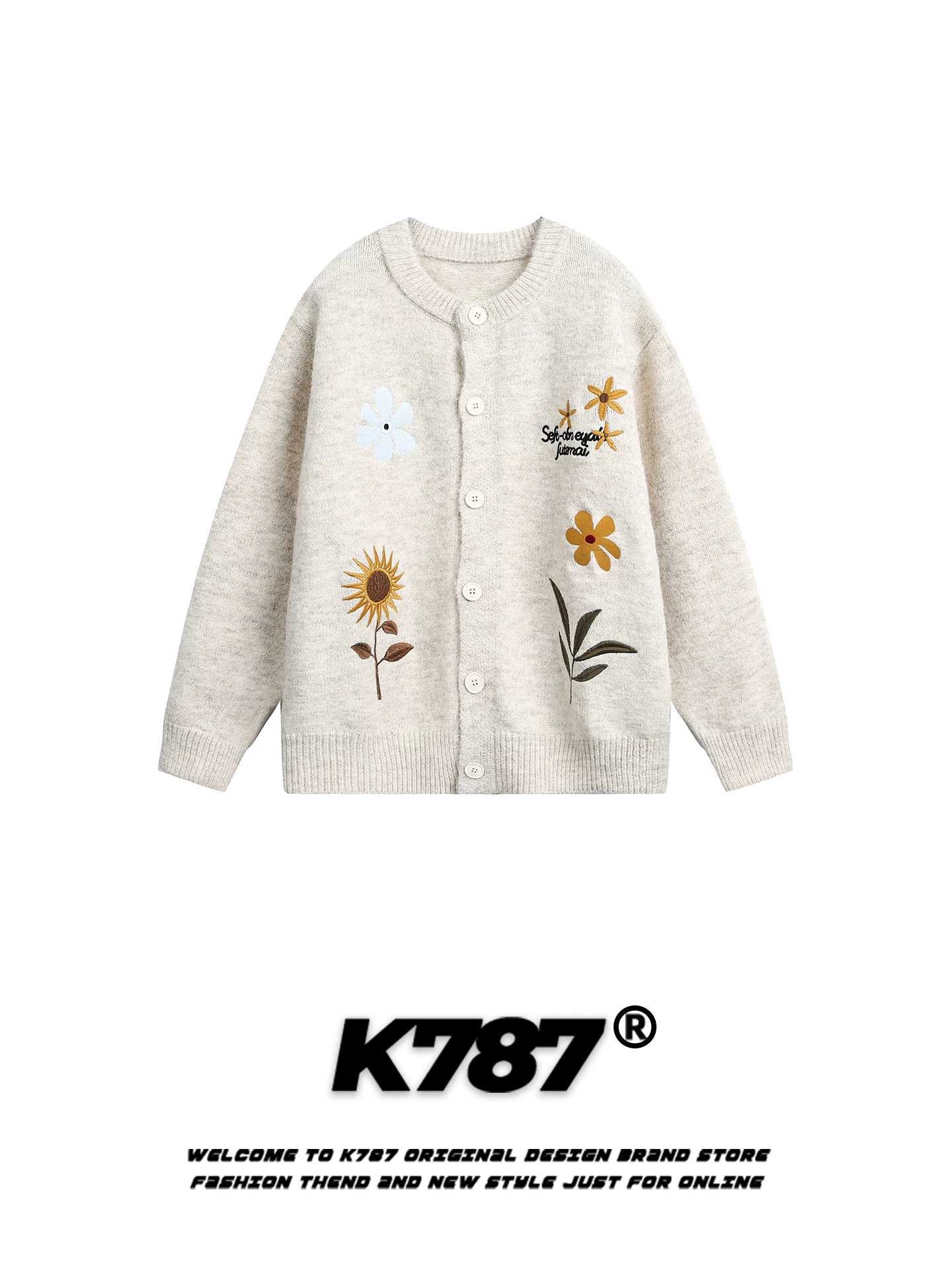 Áo len cardigan cổ tròn thêu hoa kiểu Mỹ K787 dành cho nam và nữ, áo khoác dệt kim dáng rộng phong cách đại học, trẻ trung