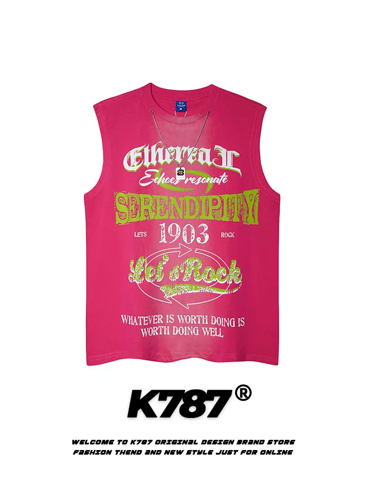 K787 Mỹ retro đường phố hip-hop dưa hấu áo vest màu đỏ Áo thun unisex oversize vòng cổ ins áo không tay