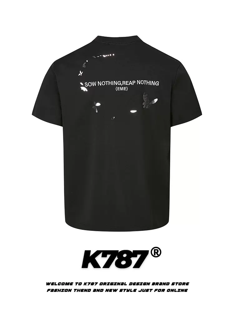 K787 Áo thun ngắn tay in hình bướm phong cách đường phố Mỹ dành cho nam và nữ, phong cách lười biếng, áo thường ngày vai thường cho mùa hè.