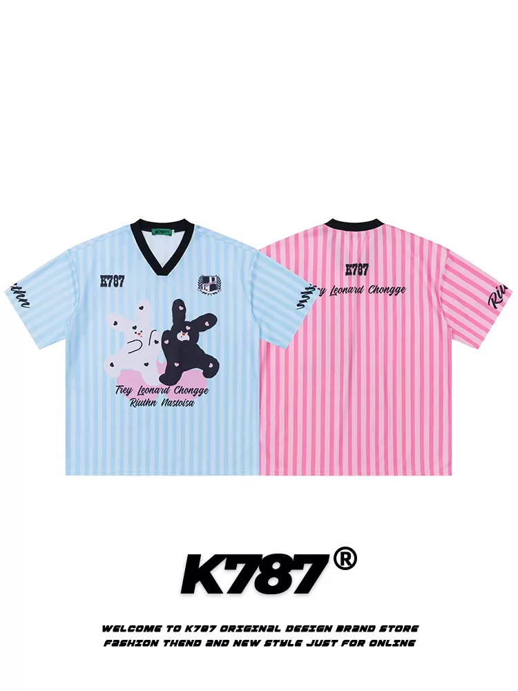 K787 Áo thun thể thao tay ngắn in hình thỏ ngộ nghĩnh phong cách đường phố Mỹ, áo thun unisex blokecore dáng rộng, áo thun thể thao ngắn tay