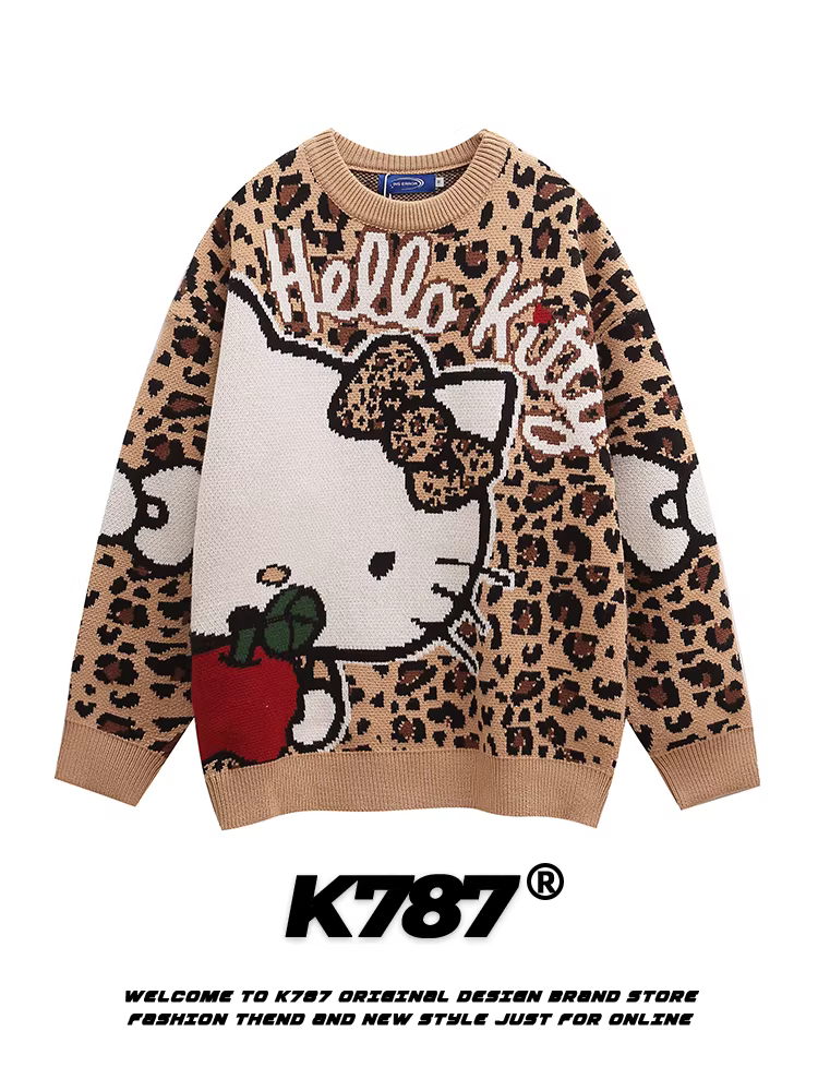 K787 thiết kế độc đáo họa tiết da báo Hello Kitty vui nhộn dệt kim unisex kiểu Mỹ cổ điển dopamine áo len cặp đôi