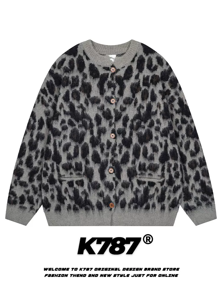 Áo len dệt kim unisex mùa đông kiểu dáng lười biếng họa tiết da báo retro Mỹ K787 chất liệu mohair dành cho cặp đôi