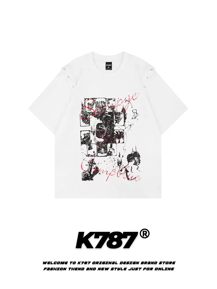 Áo thun ngắn tay K787 kiểu Mỹ cổ điển, họa tiết graffiti, dành cho nam và nữ, có tay áo tháo rời, áo cặp, áo ba lỗ, áo lót.