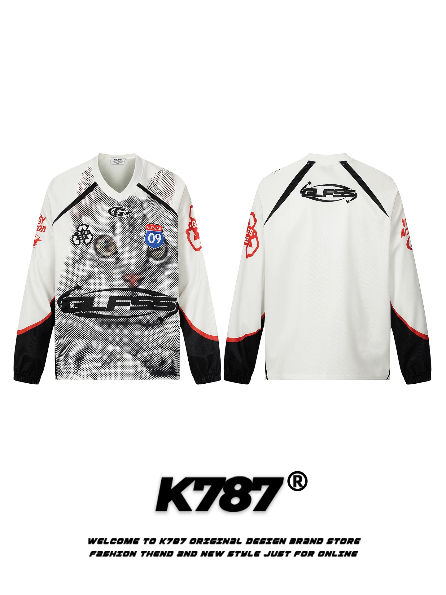 K787 Mỹ retro in hình mèo cổ chữ V dài tay áo thun unisex lưới thể thao áo dáng rộng giản dị hàng đầu mùa thu