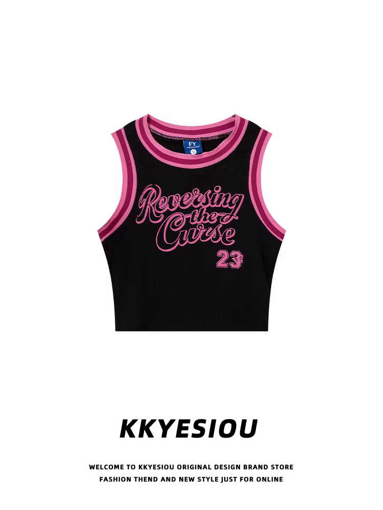 Áo vest dệt kim ngắn màu hồng và đen tương phản phong cách ngọt ngào và cay cay dành cho nữ Áo yếm in chữ hip-hop thương hiệu thời thượng của Mỹ
