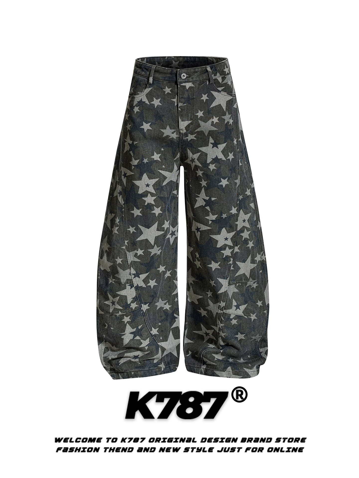 Quần jeans dáng rộng unisex họa tiết sao ngụy trang retro Mỹ K787, kiểu dáng thẳng rộng, thiết kế phá cách, thời thượng.