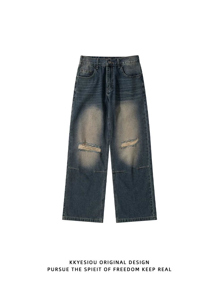Quần jeans trắng rách kiểu Mỹ cổ điển, thời thượng của thương hiệu KKyesiou dành cho nam và nữ, kiểu dáng đường phố, quần ống thẳng, phong cách cặp đôi, chất liệu washed.