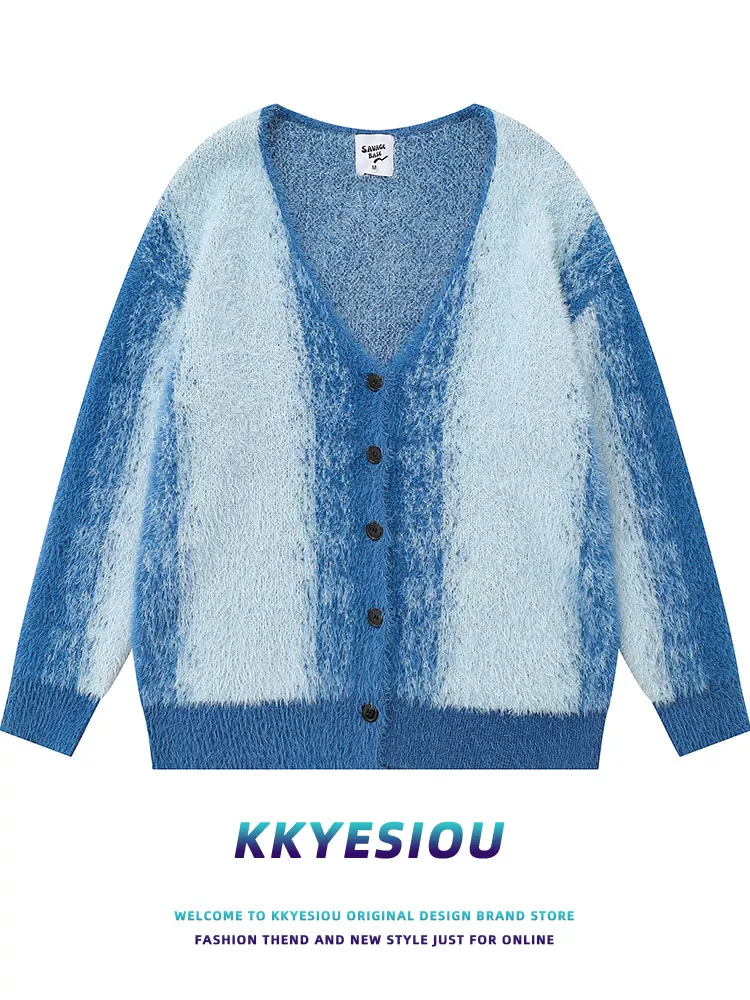Áo len dáng rộng cổ V phong cách retro Mỹ, chất liệu lông cá ngựa, kiểu dáng thoải mái, unisex, thiết kế thời trang.