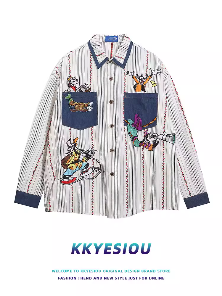 Áo sơ mi dài tay thêu sọc phong cách retro Mỹ KKyesiou dành cho nam và nữ, phong cách cổ điển, kiểu preppy, áo đôi