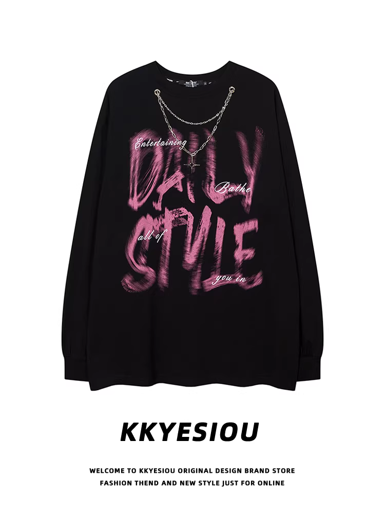 Áo thun dài tay phong cách Mỹ KKyesiou, họa tiết graffiti chữ cái thời thượng, dành cho nam và nữ, kiểu dáng oversie retro hip-hop, áo cặp đôi.