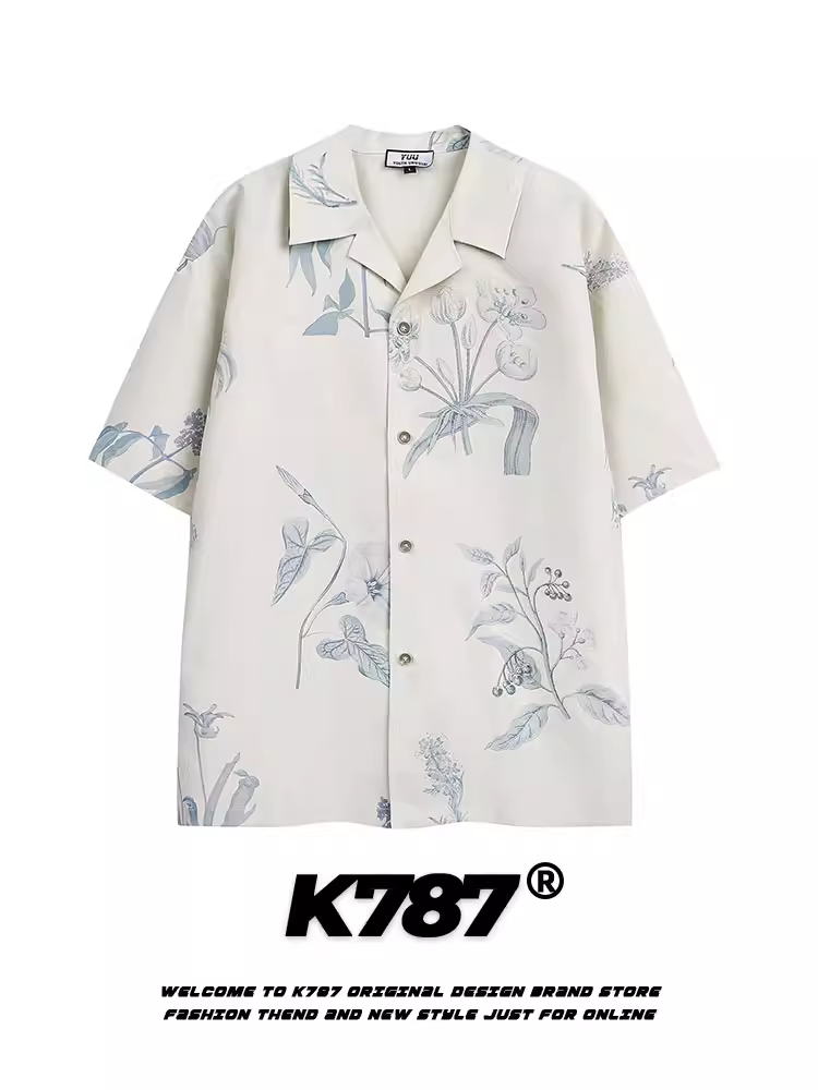 K787 Áo sơ mi cổ điển kiểu Mỹ cổ điển có cổ xu hướng quốc gia dành cho nam và nữ Áo sơ mi ngắn tay in hoa phong cách Trung Hoa áo cardigan đa năng nửa tay