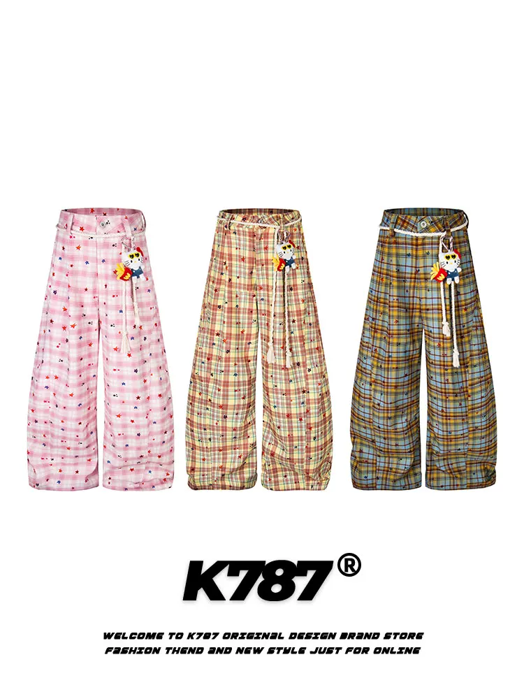 Quần kaki kẻ caro phong cách đường phố Mỹ K787, họa tiết mèo kitty, unisex, in hình sao, phong cách hip-hop, thể thao, cạp cao, dáng thẳng