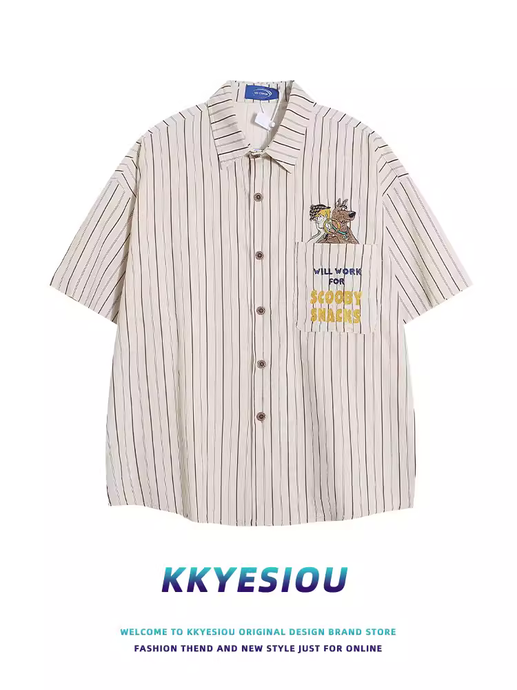 Áo sơ mi ngắn tay sọc phong cách retro Mỹ KKyesiou, unisex, thêu họa tiết, đa năng, áo đôi, áo khoác mùa hè