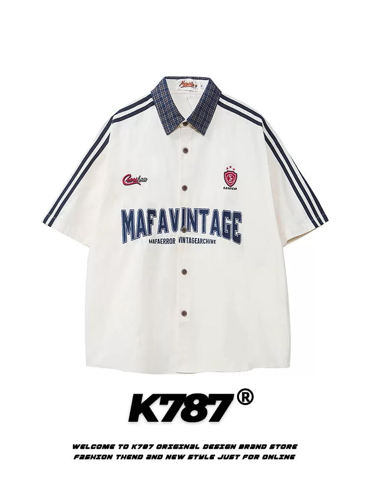 K787 Áo sơ mi ngắn tay in họa tiết kẻ sọc cổ điển kiểu Mỹ dành cho nam và nữ cổ điển đường phố cao cấp đa năng áo đôi