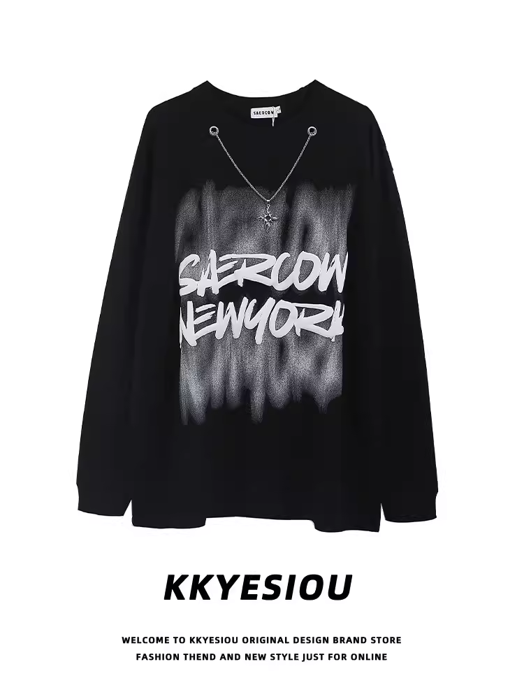 Áo thun dài tay in hình oversize unisex, chất liệu nỉ lót lông, kiểu dáng cổ điển Mỹ, thương hiệu KKyesiou thời thượng.