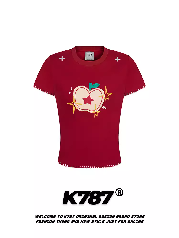 Áo thun ngắn tay thêu vai kiểu táo K787 dành cho nữ, kiểu dáng BM hở vai, màu đỏ ngọt ngào và cá tính, đa năng, phong cách Y2K