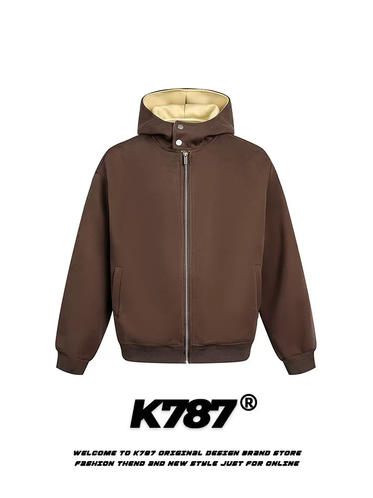 Áo khoác có mũ trùm đầu màu trơn phong cách retro Mỹ K787 dành cho nam và nữ, áo khoác cardigan dáng rộng đa năng hợp thời trang