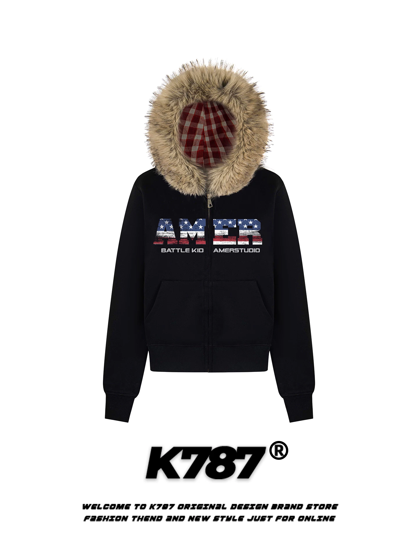 Áo khoác hoodie có mũ trùm đầu, cổ lông, in chữ kiểu retro Mỹ K787 dành cho nữ, phong cách hot girl, áo khoác ngắn có khóa kéo, lót lông cừu, thích hợp cho mùa đông.
