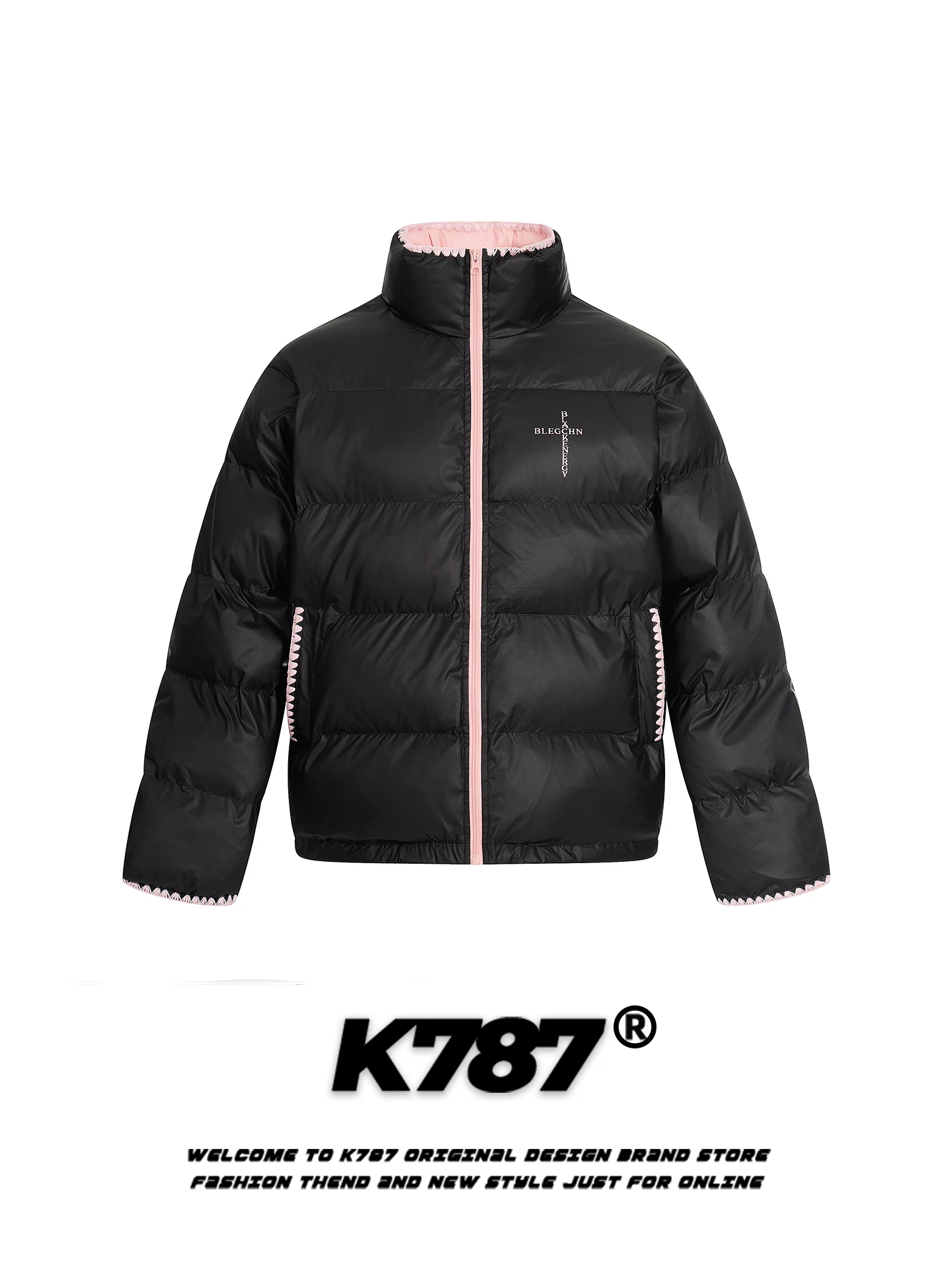 Áo khoác cotton cổ đứng in chữ phong cách Mỹ K787 dành cho nam và nữ, dáng rộng, ấm áp, áo khoác phao cặp đôi hợp thời trang dành cho mùa đông.