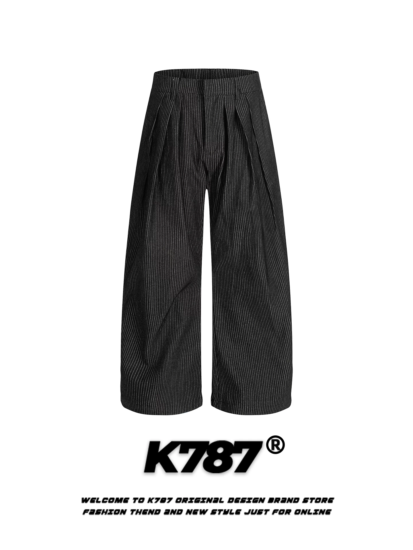 Quần K787 kiểu Mỹ cổ điển, kẻ sọc, xếp ly, dáng xẻ tà, unisex, rộng rãi, thoải mái, hợp thời trang, cạp cao, ống rộng, dài chạm sàn