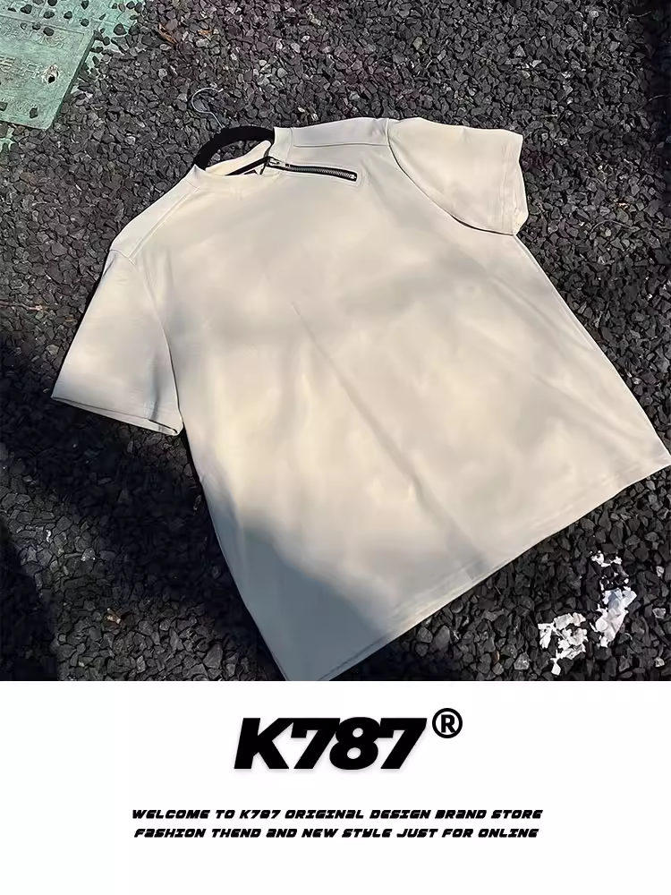 K787 Áo thun ngắn tay phong cách retro cleanfit kiểu Mỹ có khóa kéo bên hông unisex màu trơn đa năng đi lại