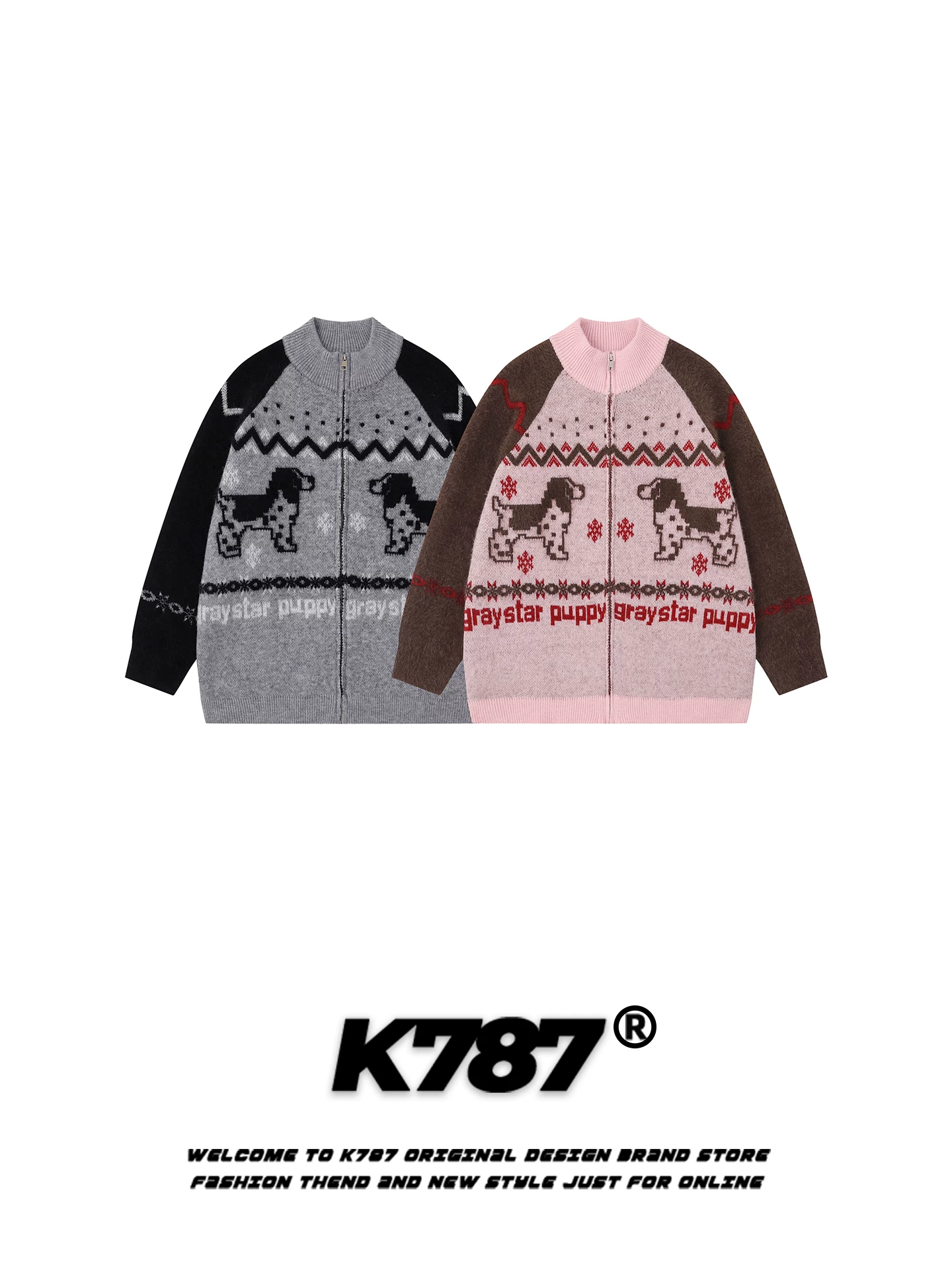 Áo len cardigan dệt jacquard kiểu Mỹ cổ điển K787 dành cho nam và nữ, kiểu dáng rộng rãi, thoải mái, màu hồng thời trang.