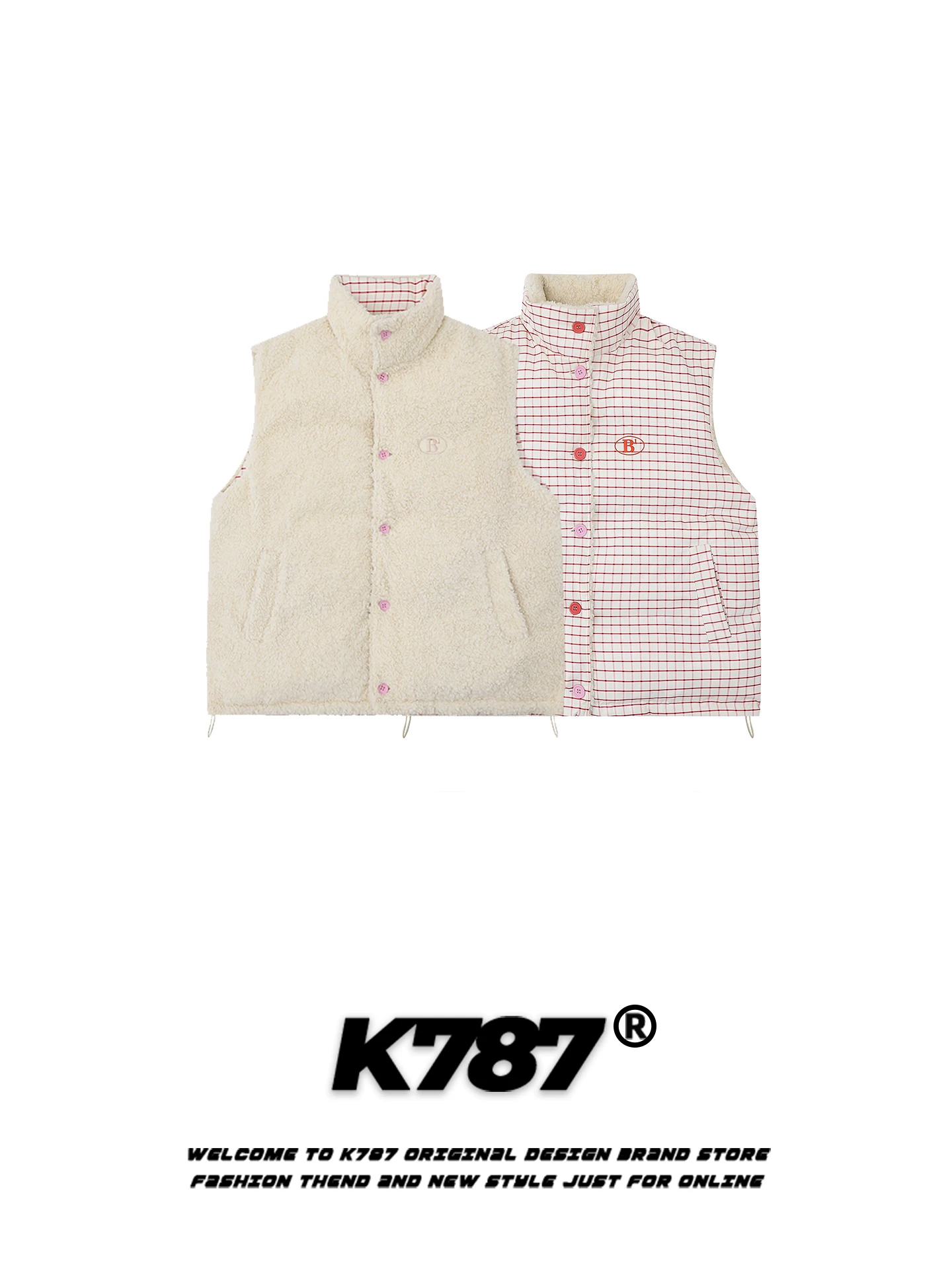 Áo khoác cotton kẻ caro kiểu Mỹ cổ điển K787 dành cho nữ, áo gile len cừu phong cách lười biếng, áo ghi lê dày dặn.
