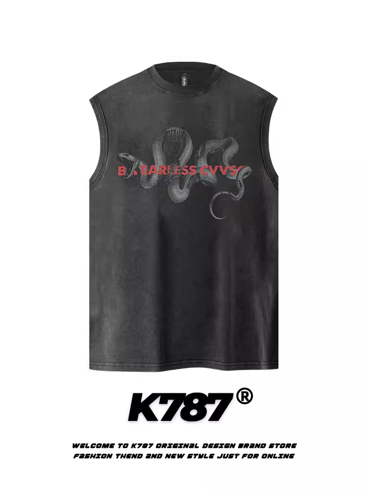 K787 Phong cách đường phố Mỹ chữ python hip-hop áo vest unisex áo nỉ ngoại cỡ thể thao áo thun không tay
