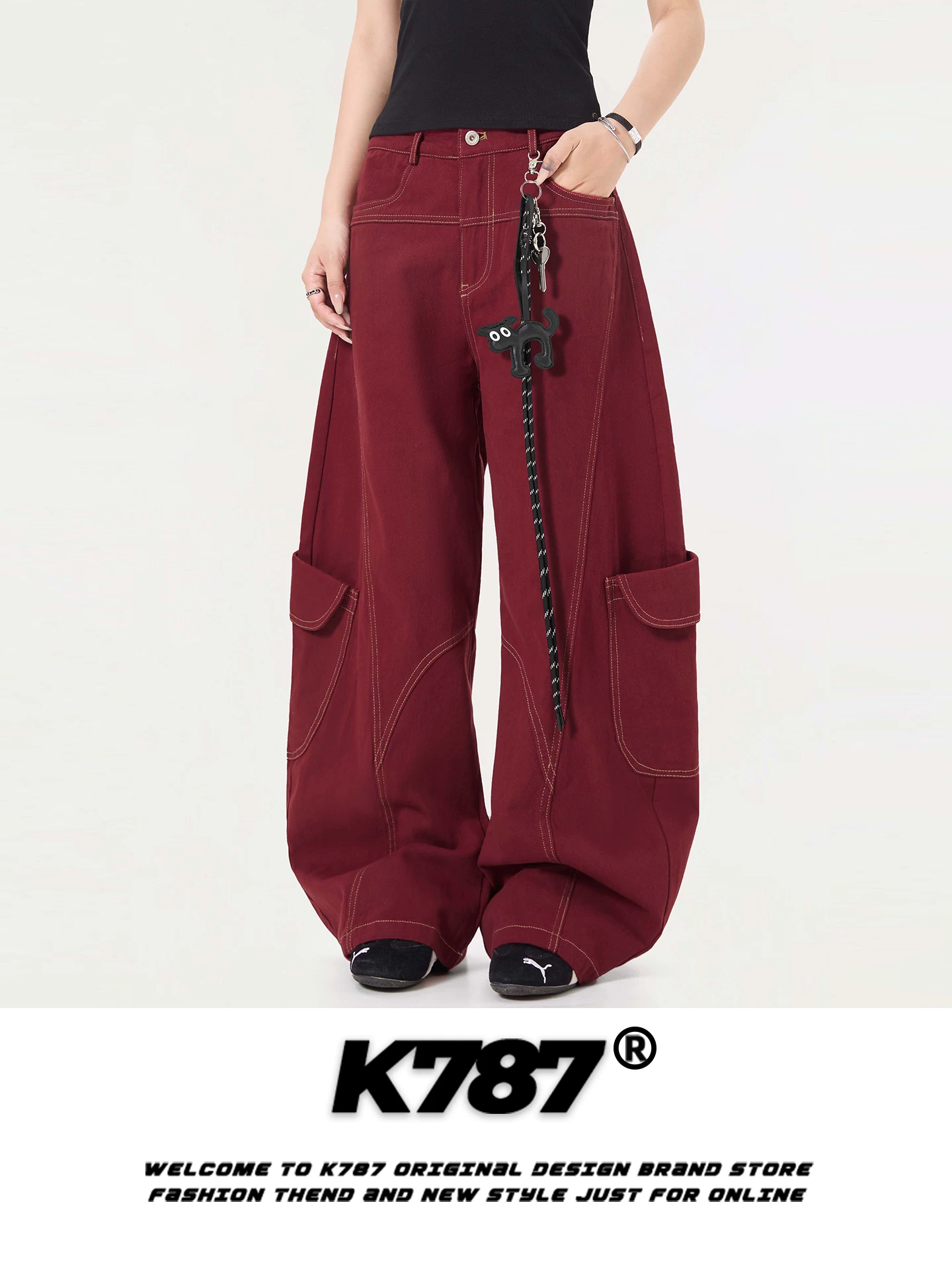 Quần jeans dáng rộng unisex K787 kiểu Mỹ cổ điển, thiết kế cấu trúc, cạp cao, đường may lộ, thời trang, ống rộng