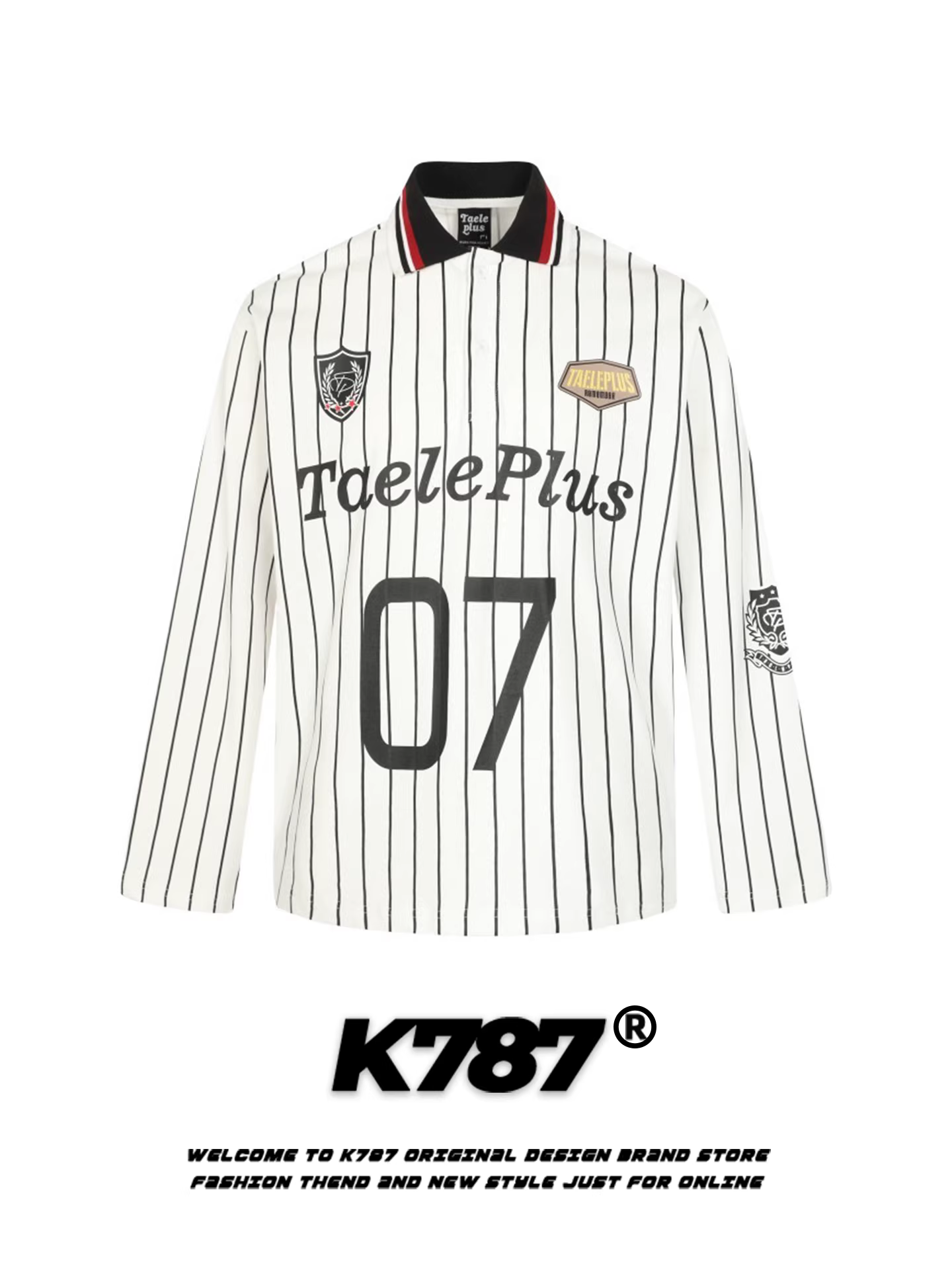 K787 Áo thun dài tay cổ polo sọc dọc phong cách đường phố Mỹ dành cho nam và nữ, áo thể thao dáng rộng, áo cặp đôi giản dị