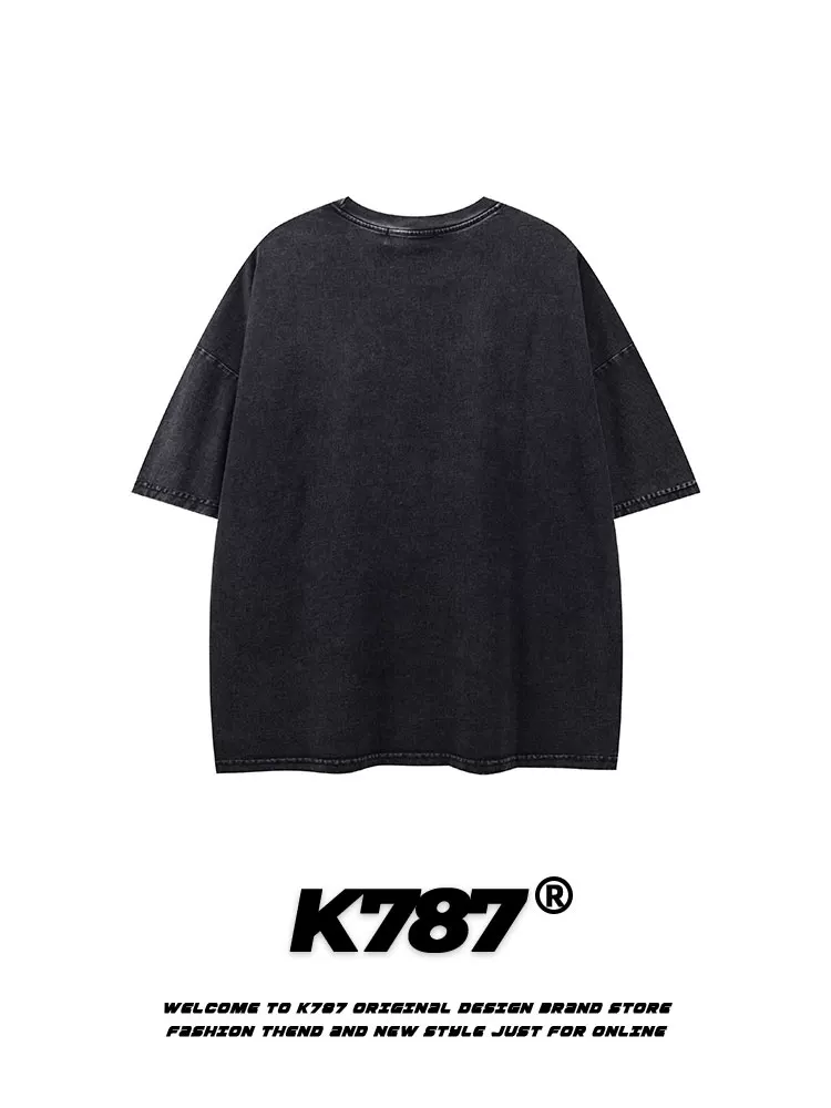 K787 Áo thun ngắn tay dáng rộng in họa tiết cổ điển kiểu Mỹ dành cho nam và nữ áo thun cặp đôi ngoại cỡ