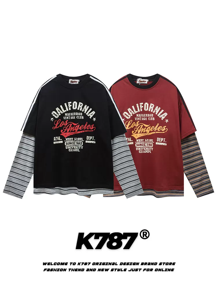 K787 Áo thun giả hai mảnh in họa tiết cổ điển kiểu Mỹ unisex oversize thể thao dài tay áo thun dài tay