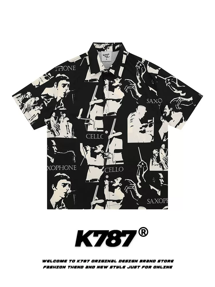 K787 Áo sơ mi ngắn tay dáng rộng in họa tiết cổ điển kiểu Mỹ dành cho nam và nữ áo cardigan nửa tay theo xu hướng quốc gia cổ điển dành cho cặp đôi
