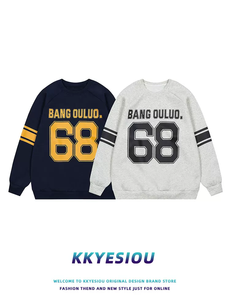 KKyesiou Mỹ retro hợp thời trang thương hiệu 68 chữ cái thể thao cặp đôi áo unisex áo thun dài tay quá khổ mùa thu