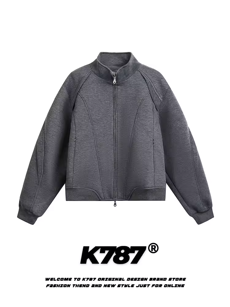 Áo khoác cổ đứng kiểu Mỹ cổ điển K787, phối vải ghép, unisex, dáng ôm gọn, màu trơn, rộng rãi, đa năng, áo khoác ngắn