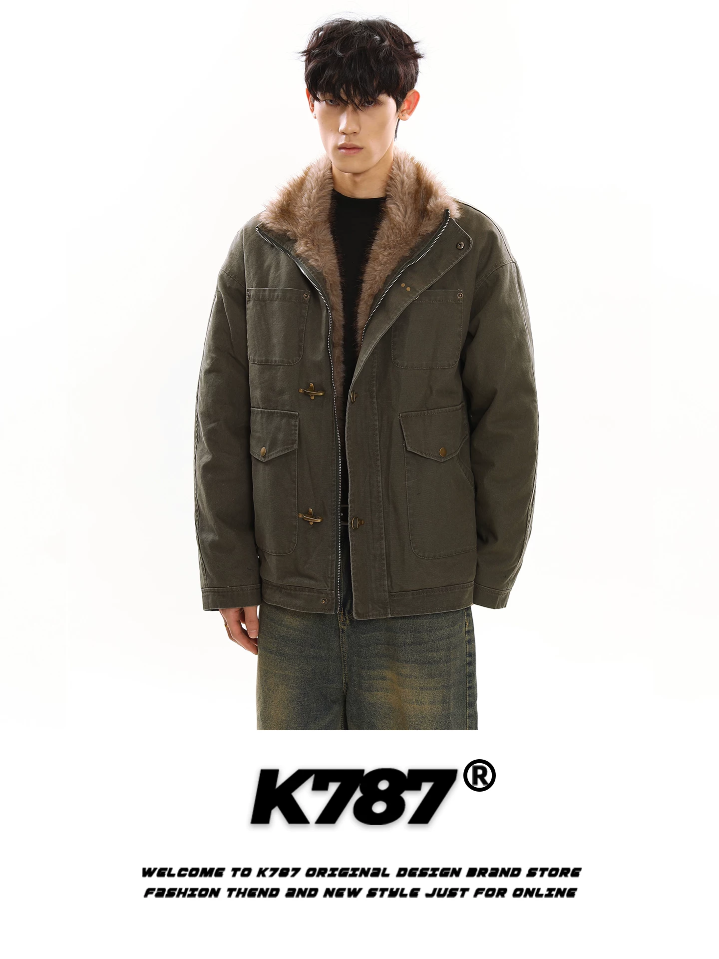 Áo khoác cotton có mũ trùm đầu phong cách retro Mỹ K787 dành cho nam và nữ với nhiều túi, áo khoác cotton dày và ấm áp.