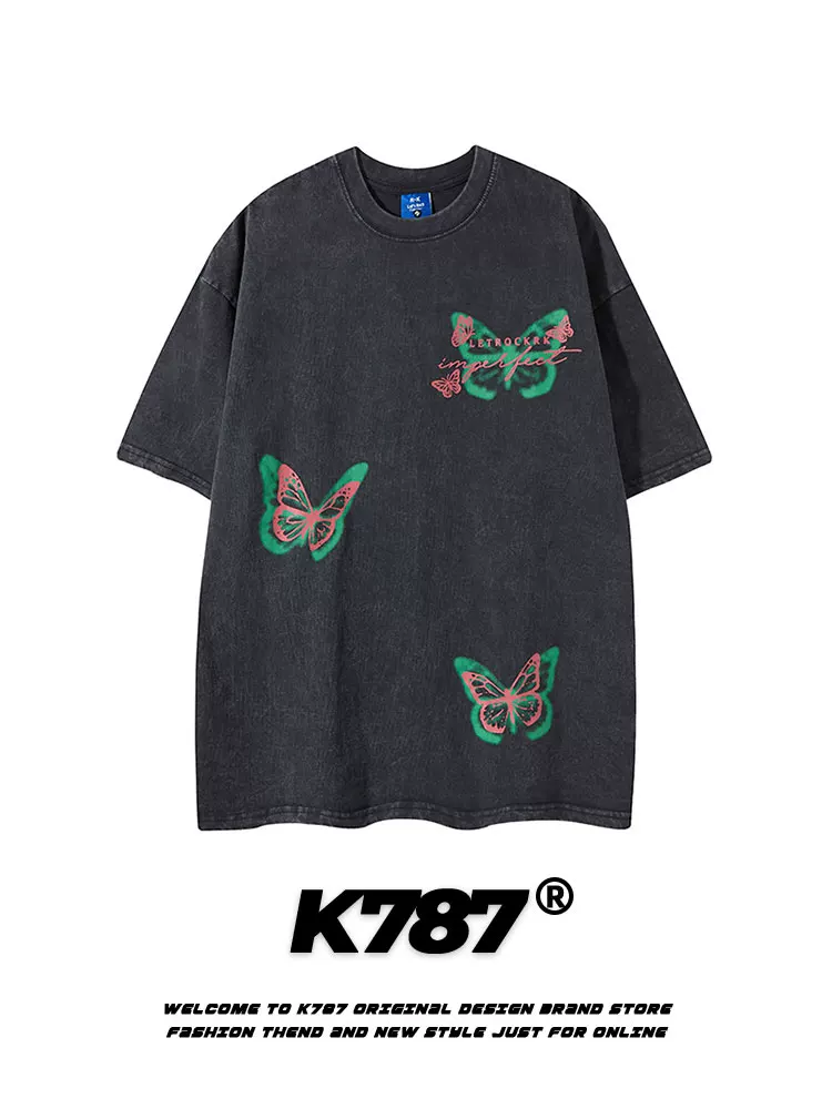 K787 Áo thun ngắn tay họa tiết graffiti bướm cổ điển của Mỹ dành cho nam và nữ áo thun oversize đa năng áo thun đôi dáng rộng